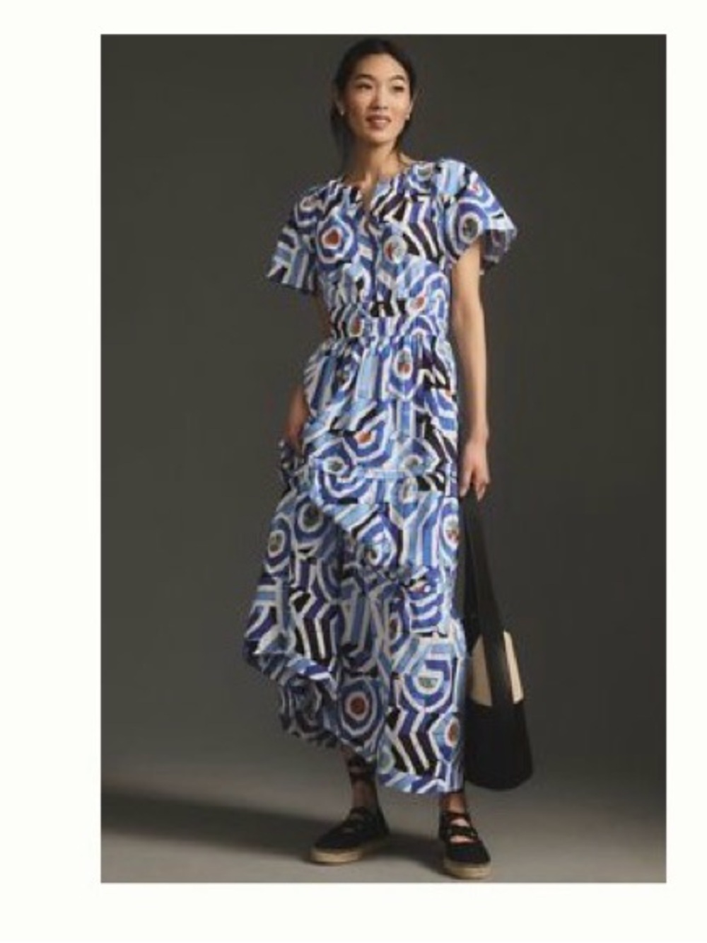 Anthropologie Somerset Maxi Blue & White Geometric Flutter-Sleeve Maxi Dress